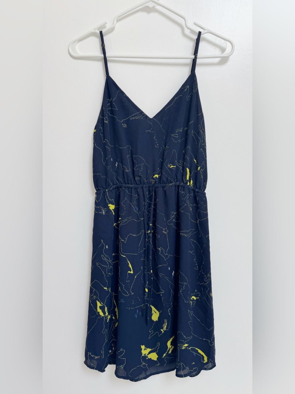 Aritzia Navy Blue Mini Dress with Yellow Accent Print
